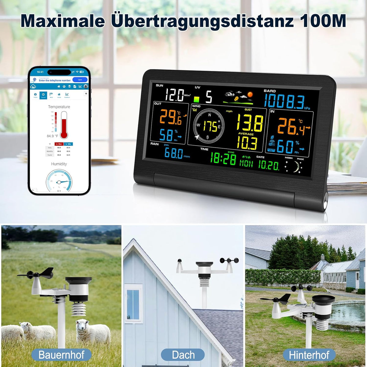 Urageuxy 14-in-1 weerstation wifi, weerstation met regenmeter, windmeter, binnen- en buitenthermometer, hygrometer, luchtdruk, uv-index, weersvoorspelling, maanfasen, voor huis en tuin