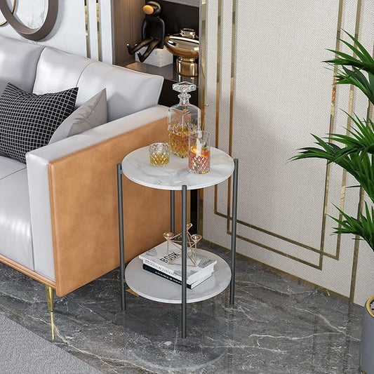 Bijzettafel – Salontafel – Nachttafeltje – Eettafeltje – Zwart Metalen Frame – Wit Marmeren Blad – 2 Opbergniveaus – 40x40x54 cm