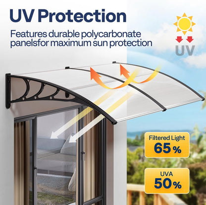 VIVOHOME Vensterdeur Luifel Transparant voor voordeur 100 x 300cm met aluminium frame en polycarbonaat luifel met boogzonwering en regenbescherming