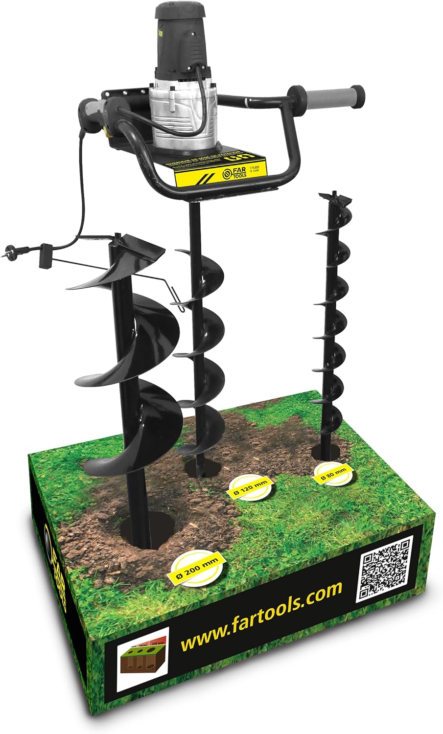 Fartools 175305 Elektrische grondboor 1200 W, Ø = 120 mm, diepte = 560 mm, toerental 200 omw/min, richtingsomschakelaar, automatische ontkoppeling, groen