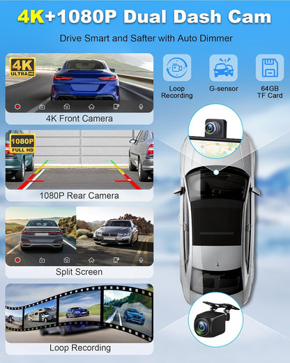 4K Apple Carplay Android autodisplay met exclusieve houder, 350° draaibaar 10,26 inch autodisplay, Car Play scherm, Buddy display met Siri/G-oogle GPS-navigatie, bluetooth, 64 GB TF-kaart