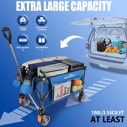 GXCROR Opvouwbare trolley kar 100L Heavy Duty Opvouwbare Wagon met 13cm brede wielen en verwijderbare wielen, Beach Utility Cart met remmen en zijvakken