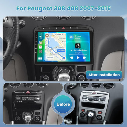 2G+64G Autoradio Android pour Peugeot 308 408 2007 2008 2009 2010 2011 2012-2015, Carplay Android Auto Sans Fil, 2 DIN Écran Tactile de 9" avec WiFi GPS FM/RDS BT SWC+Caméra de Recul+MIC
