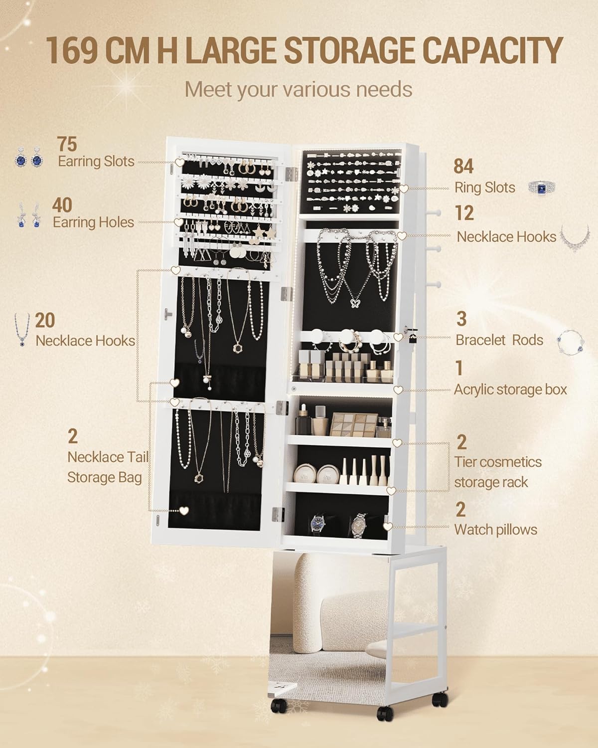 Hzuaneri Jewellery Cabinet with Light Frame, Mirror, Standing Jewellery Cabinet with Clothes Stand, Movable Full Body Mirror with Wheels, Lockable Storage Compartments with Hooks, White JC17103B
