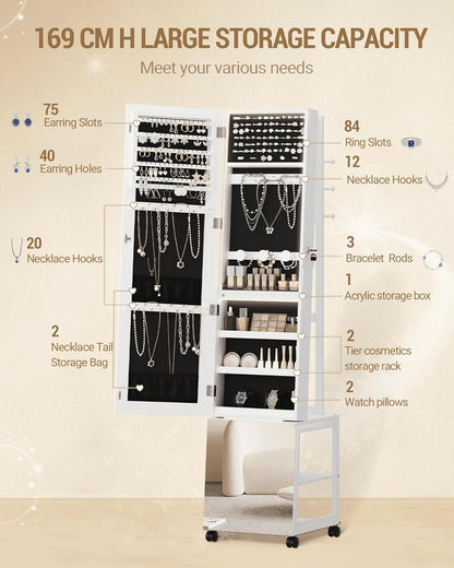 Hzuaneri Jewellery Cabinet with Light Frame, Mirror, Standing Jewellery Cabinet with Clothes Stand, Movable Full Body Mirror with Wheels, Lockable Storage Compartments with Hooks, White JC17103B