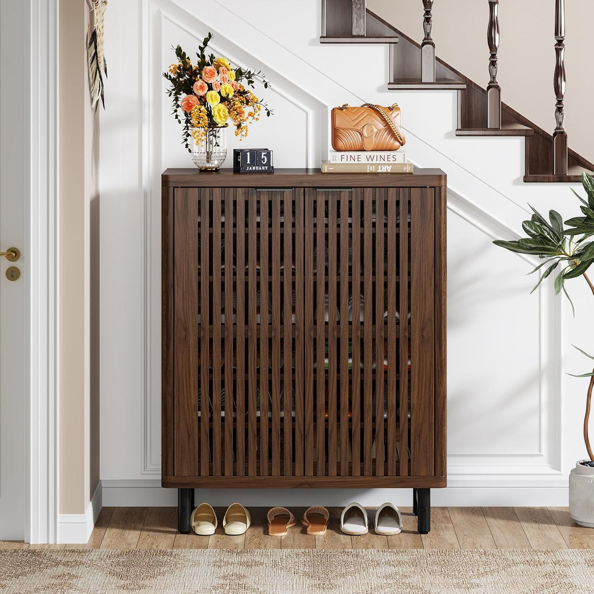 Tribesigns 6 Tier Shoe Cabinet with Shutter Doors, Large Wooden Shoe Storage Cabinet with Adjustable Shelves, Farmhouse Freestanding Shoe Organizer for Entrance, Hallway, Dark Walnut
