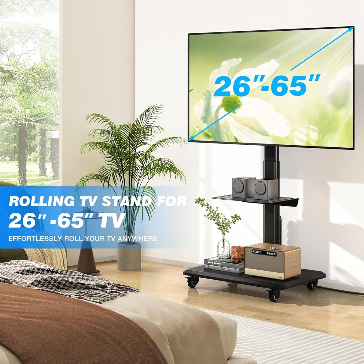 5Rcom Mobiele tv-standaard op wielen voor platte gebogen 32-55 inch tv's, draaibare rollende tv-standaard met houten basis, in hoogte verstelbaar met één plank Max VESA 400x400 mm tot 35 kg