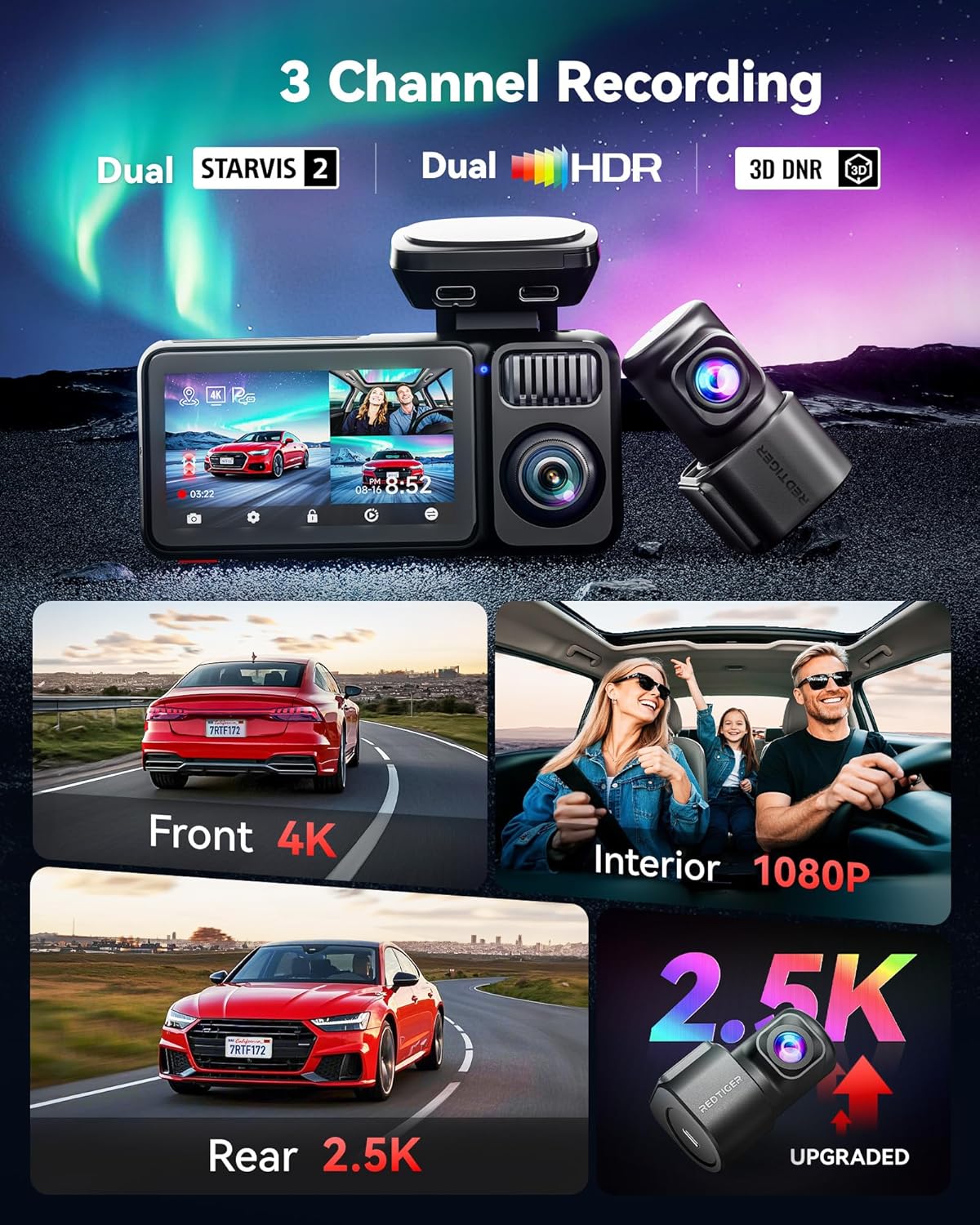 Dashcam – Dashboardcamera – Autocamera – Rijcamera – Autorecorder – 3-Kanaals – 4K Voor, 2.5K Achter, 1080P Interieur – Full-Color Nachtzicht