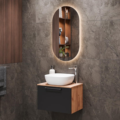 Planetmöbel Astra Bathroom Cabinet Set with Basin Cabinet 60 cm, Gold Oak Anthracite, Sink with Top Edge 42 cm White, Mirror (with LED) 50 cm - QUORE