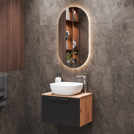 Planetmöbel Astra Bathroom Cabinet Set with Basin Cabinet 60 cm, Gold Oak Anthracite, Sink with Top Edge 42 cm White, Mirror (with LED) 50 cm - QUORE