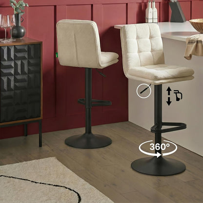 DUBI Möbel Enno Bar Stool – Double Cushions & Padded Backrest – Continuously Adjustable Height – Black Matte Dish Base with Triangular Footrest – Woven Fabric Cream - QUORE