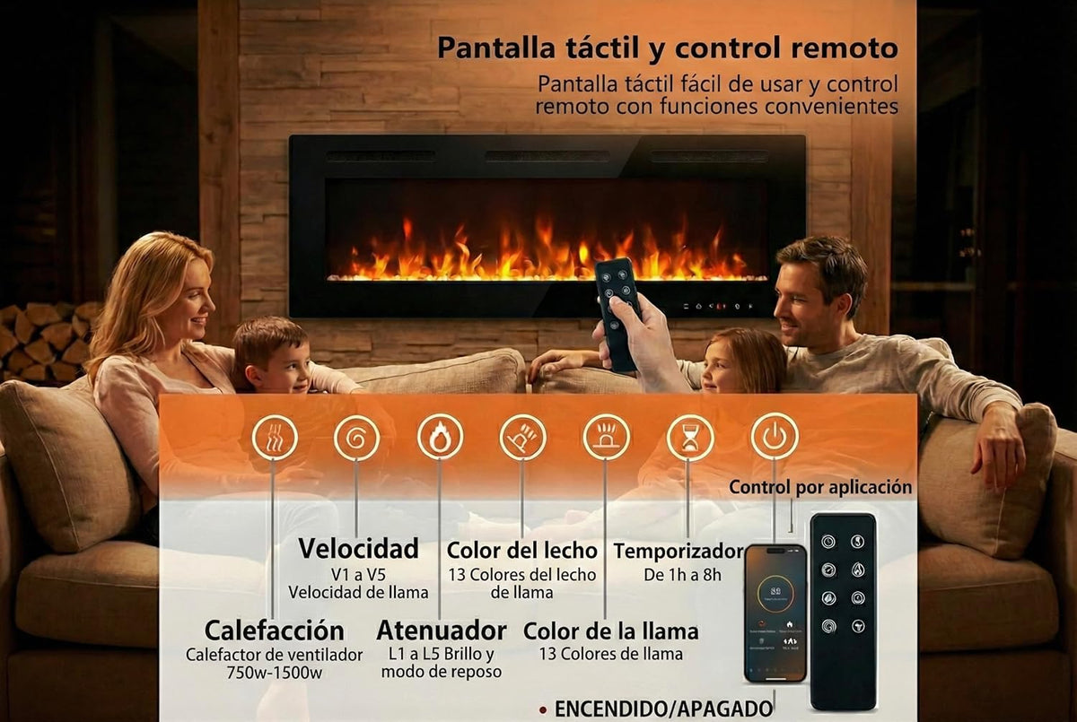 Draadloze elektrische open haard, 7,5 cm diep, gehard glas, afstandsbediening en touchscreen, verwarming 750/1500 W, verstelbaar vlameffect (107 cm App New)