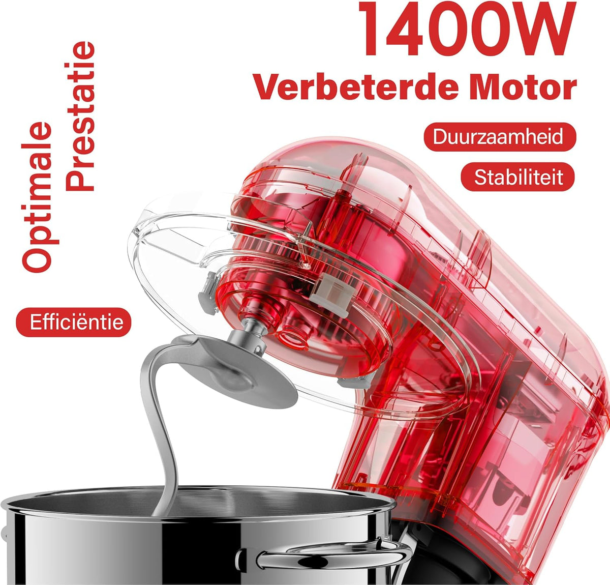 Kitchen in the box Keukenmachine,7,5 L Staande Mixer 1400W – Deegmixer met Planetaire Mengtechniek, Menghaak, Deeghaak, Garde (Rood)