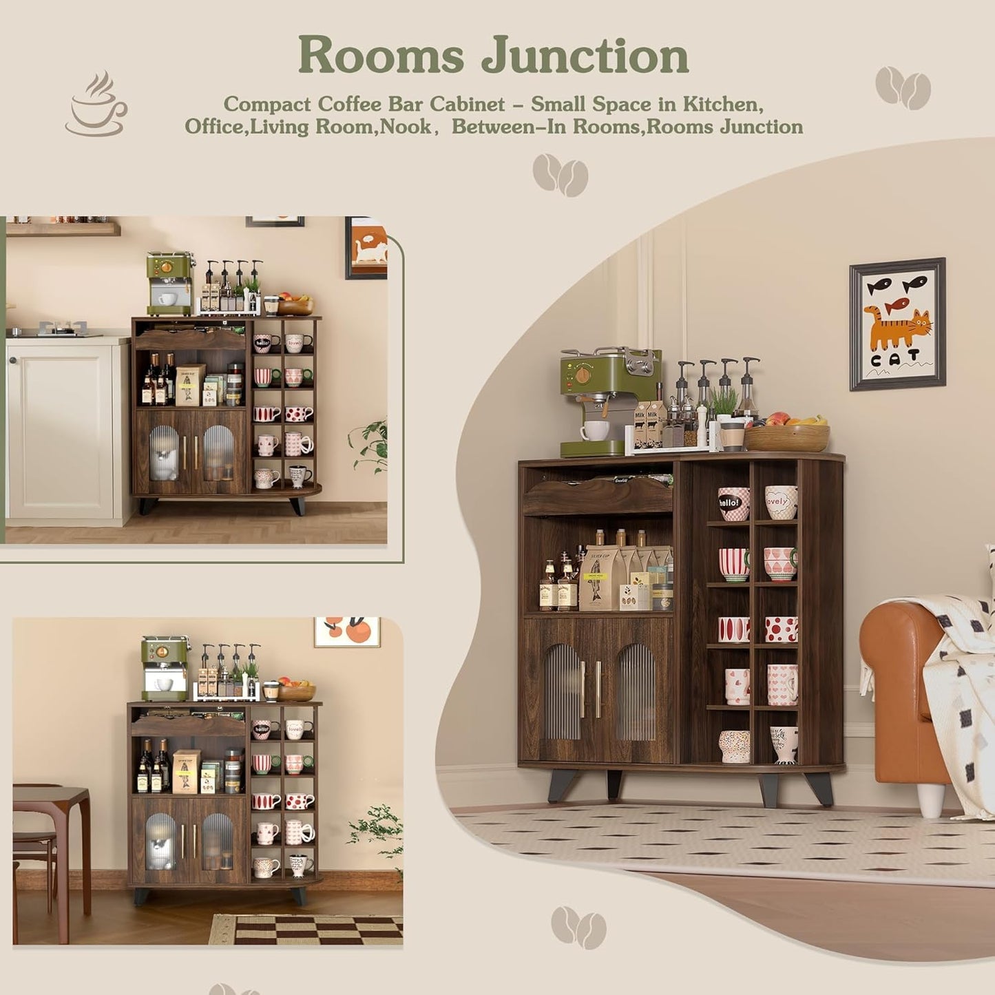 Koffiestationkast, Houten Keukenkast met Mokhouder, Woonkamer Buffetkast met Laden, Keuken Dressoir met Dubbele Deurtjes voor Thuisbar, Dranken, Mokken (40x80x91cm)