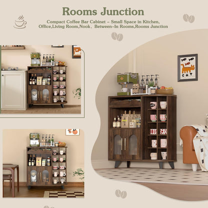 Koffiestationkast, Houten Keukenkast met Mokhouder, Woonkamer Buffetkast met Laden, Keuken Dressoir met Dubbele Deurtjes voor Thuisbar, Dranken, Mokken (40x80x91cm)