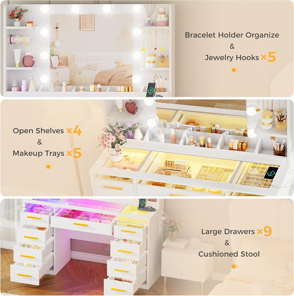 ANWBROAD Makeup Table with Mirror and Adjustable LED Lighting, 3 Colours, Transparent Glass Pane, Large Dressing Table with Socket, 9 RGB Drawers, 4 Shelves, White BDT95W - QUORE