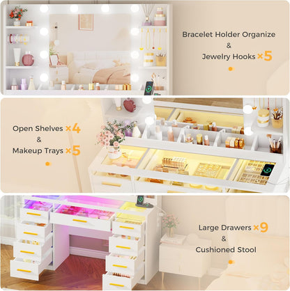 ANWBROAD Makeup Table with Mirror and Adjustable LED Lighting, 3 Colours, Transparent Glass Pane, Large Dressing Table with Socket, 9 RGB Drawers, 4 Shelves, White BDT95W - QUORE