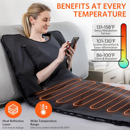 Infrared Sauna Blanket, Portable Sauna Blanket for Detoxification, Personal Sauna for Home Relaxation, 1-60 Minutes Timer, 30-140 Degree Fahrenheit Temp Range, 1.8m x 0.8m, Oxford Fabric Cover - QUORE