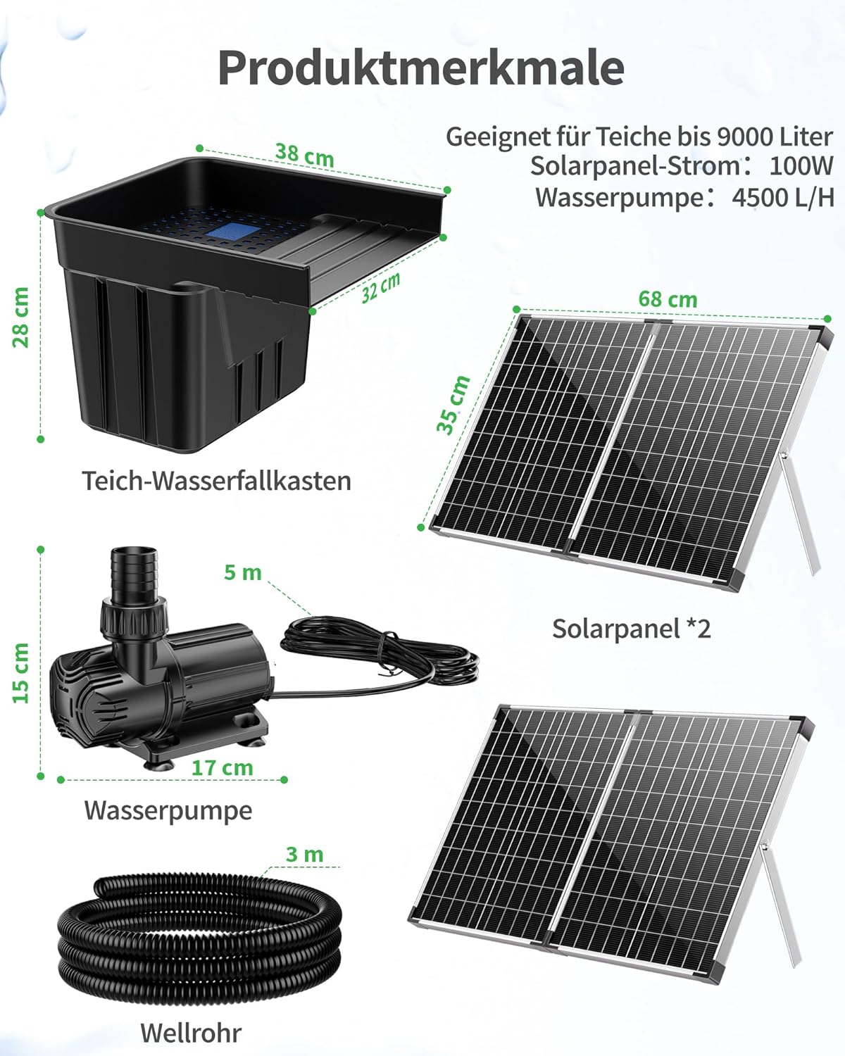 POPOSOAP Vijverwaterval met zonnepomp, watervaloverloop met 100 W zonnepaneel, 660 gph-vijverpomp, 3 m lange golfslang voor tuinvijvers