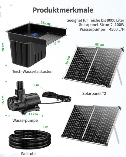 POPOSOAP Vijverwaterval met zonnepomp, watervaloverloop met 100 W zonnepaneel, 660 gph-vijverpomp, 3 m lange golfslang voor tuinvijvers