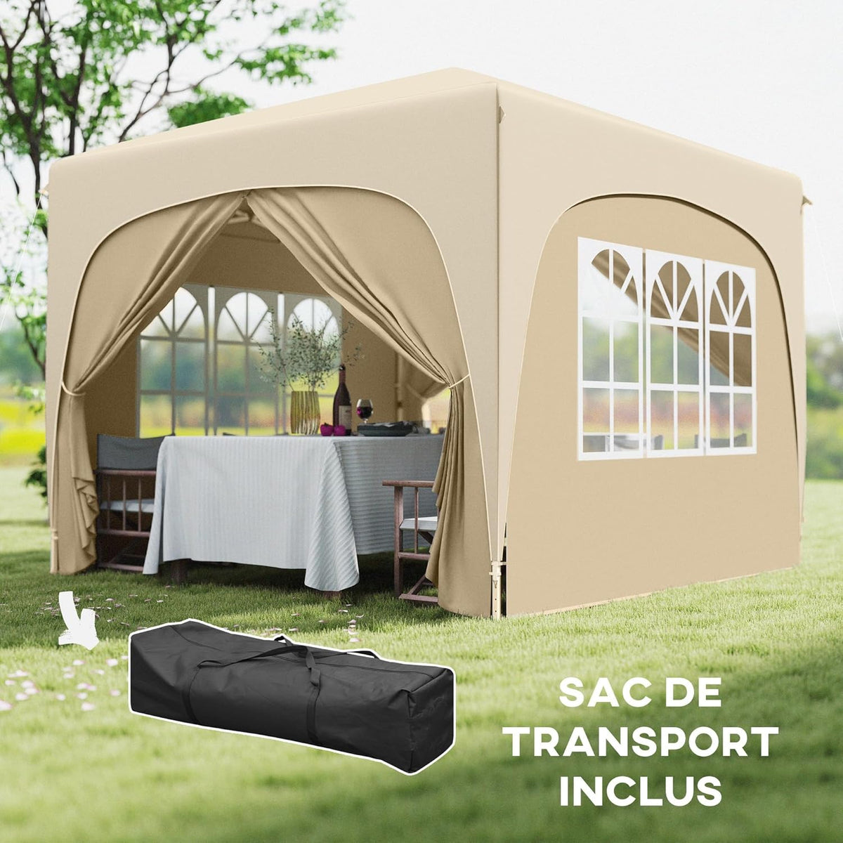 Outsunny Outdoor Gazebo 3 x 3 m Pop Up Folding Height Adjustable with Carry Bag UPF50+ Protection Folding Gazebo for Camping, Festival, Patio, Sand - QUORE