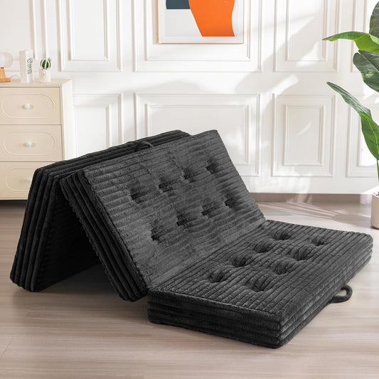 MAXYOYO Opvouwbaar matras 200 * 150 cm, 15 cm gestoffeerd opvouwbaar matras met premium imitatiebont, drievoudig opvouwbare futon slaapbank voor woonkamer/logeerkamer