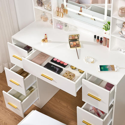 ANWBROAD Large Makeup Dressing Table with Adjustable LED Lighting in 3 Colors and Sockets Modern White Dressing Table with Mirror and Stool 7 Drawers 4 Open Shelves 140x100x40cm BDT65W - QUORE