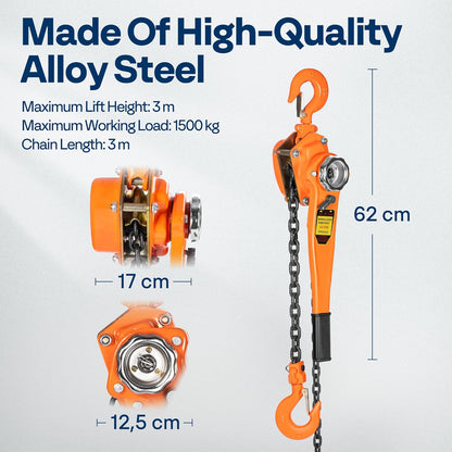 SPECSTAR Hefboomkettingtakel 1500KG Capaciteit 3m met 2 Heavy Duty Haken Ketting Meegeleverd voor Magazijnbouw Automobielmachines 10ft Lading