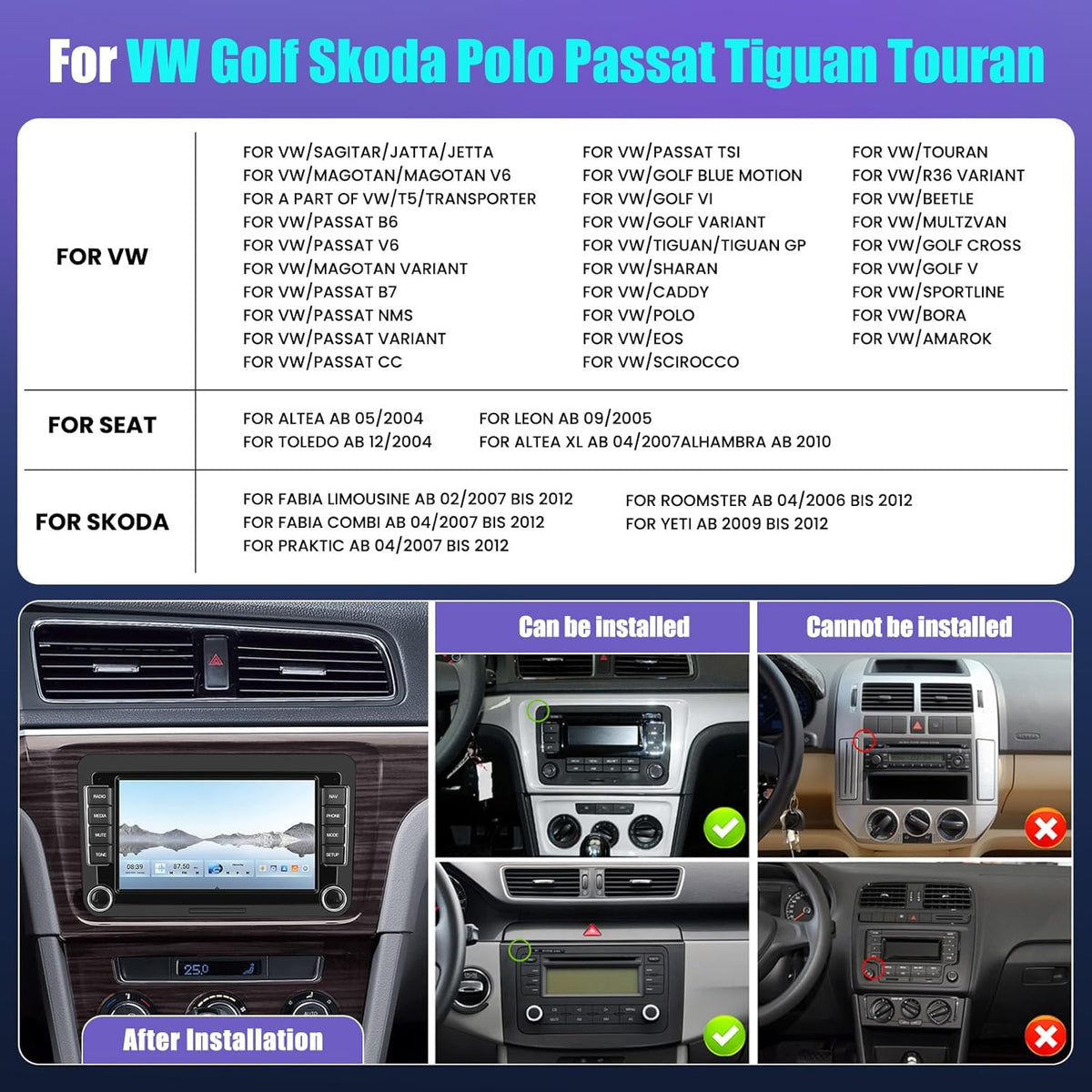 8 Core Qualcomm Android 15 4+64G Radio Pantalla voor VW Golf Skoda Polo Passat Tiguan Touran met Wireless Carplay en Android Auto, 7 inch scherm met Mirror Link Radio FM/RDS GPS WIFI BT