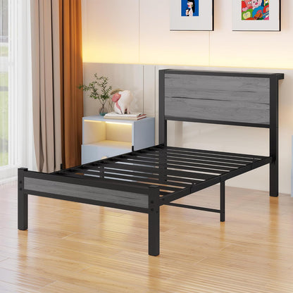 DUMEE Eenpersoonsbedframe met opslag houten hoofdeinde, 3FT metalen bedframe eenpersoonsbedbasis/matrasstichting, verbeterde ondersteuning geluidsvrij, getextureerd zwart+grijs eiken
