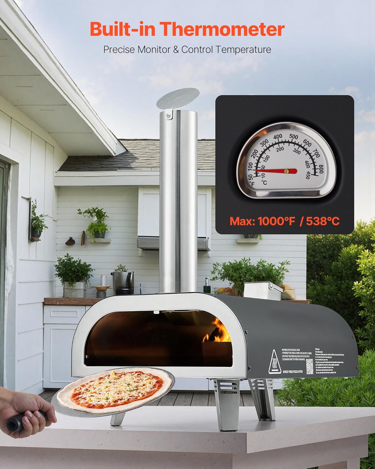 VEVOR Outdoor Pizza Oven, 30cm Wood Fired Pizza Ovens Pellet Pizza Stove with Thermometer, Portable Pizza Maker for Outdoor Backyard Patio Camping Pizza Stone Carry Bag Shovel Black - QUORE