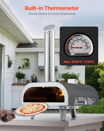 VEVOR Outdoor Pizza Oven, 30cm Wood Fired Pizza Ovens Pellet Pizza Stove with Thermometer, Portable Pizza Maker for Outdoor Backyard Patio Camping Pizza Stone Carry Bag Shovel Black - QUORE