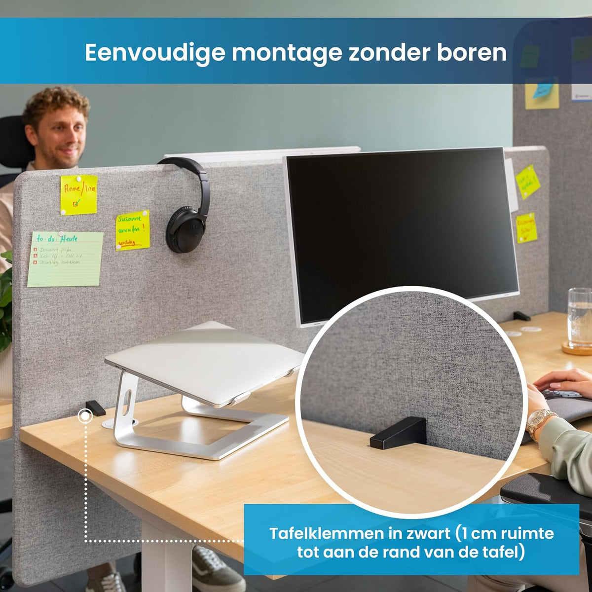 Ergotopia Akoestische Scheidingswand voor Bureau (120 x 80 x 2,8 cm), Verstelbare Zichtbescherming voor Kantoor | Focus Bureauscheidingswand in Grijs, Geluidswerende Ruimteverdeler met Klemmen