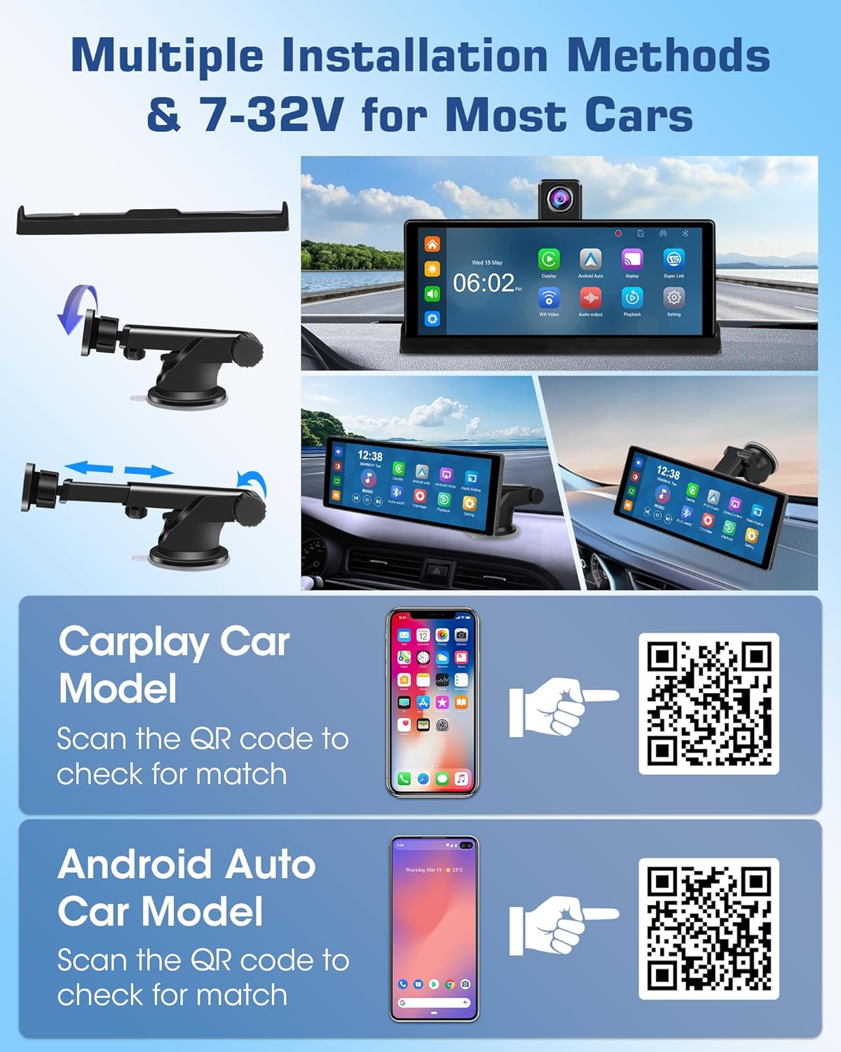 Exclusieve houder: Carplay display, Android autodisplay met 350° draaibare 4K dashcam, 10,26 inch draagbare driveplay-autoradio, Carplay Dual-Bluetooth rijnavigatie Siri G-oogle