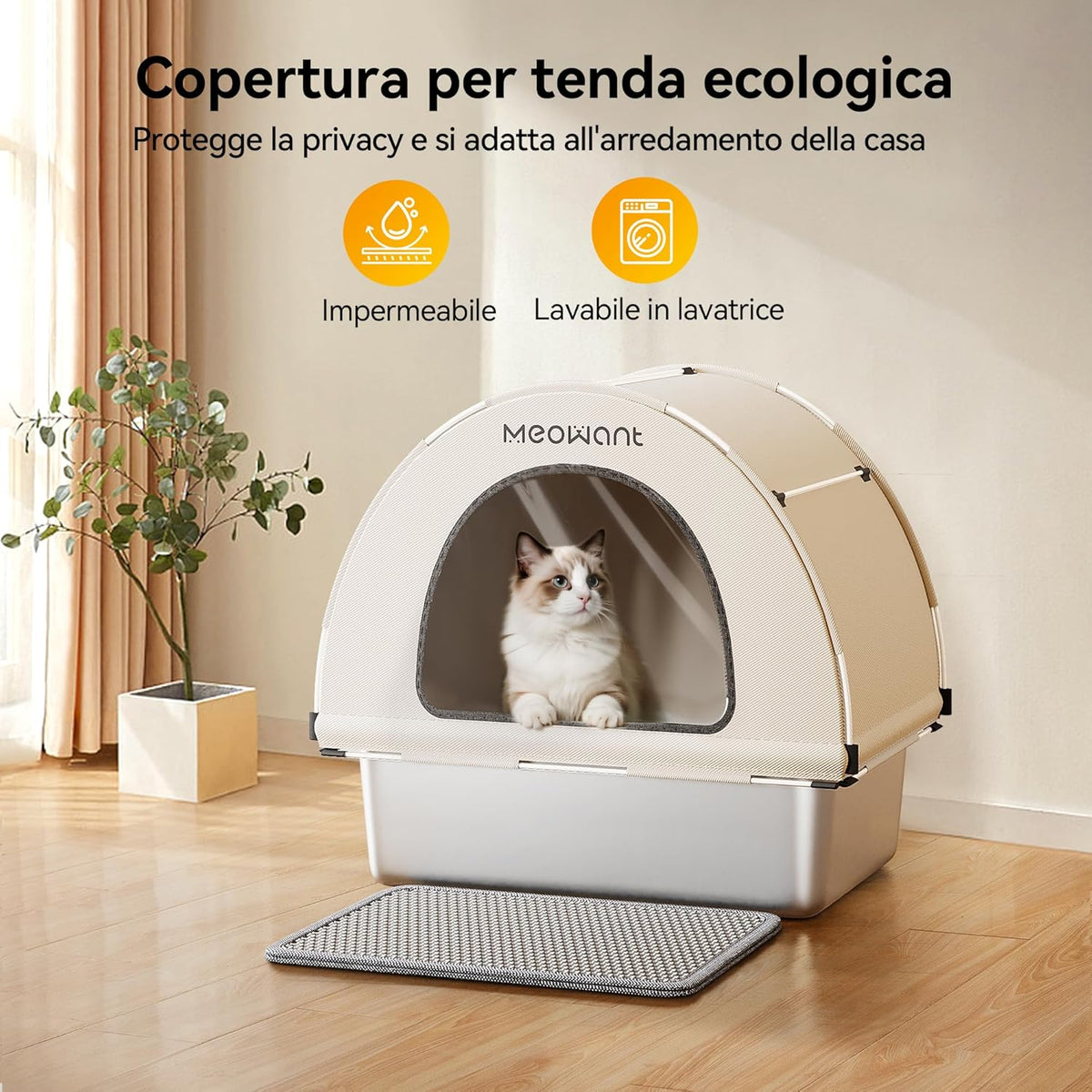 MeoWant Stainless Steel Cat Litter Box, Removable, Closed, Extra Large Cat Litter Box, Stainless Steel, XXL with Fabric Canopy, Odour-Inhibiting, Non-Stick Coating, Easy to Clean, White - QUORE