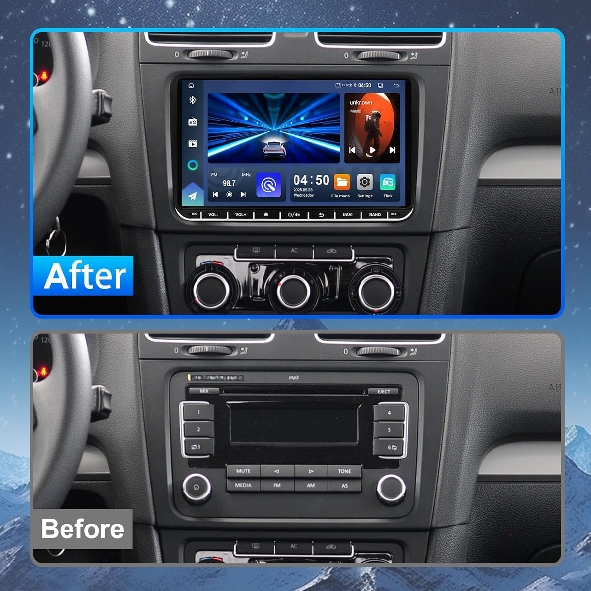 4+64G Android 14 Car Stereo voor VW Golf / Seat / Passat / Polo / Jetta / Touran 9 inch Multimedia Stereo Radio met Wireless Carplay Android Auto Mirror Link SWC GPS Bluetooth WiFi FM Backup Camera
