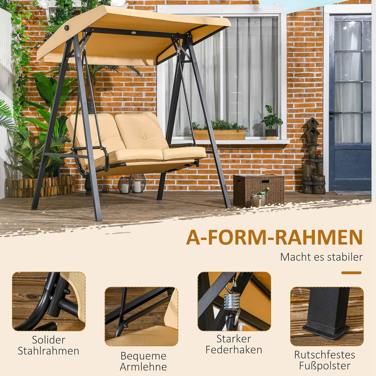 Outsuuny Hollywoodschaukel 3-Sitzer Gartenschaukel mit verstellbarem Sonnendach, Schaukelbank belast bis 220 kg, Gartenliege für Garten, Terrasse, 138 x 106 x 174 cm, Beige - QUORE