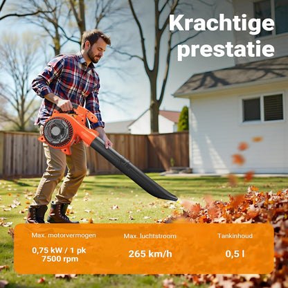 3-in-1 bladblazer, bladzuiger & versnipperaar – 1 pk 26cc – benzine – incl. 50L opvangzak