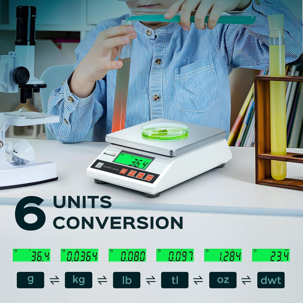 Bonvoisin 0,1 g, 5 kg - 10 kg, digitale elektronische weegschaal, hoge precisie, draagbaar, laboratorium, analytische weegschaal, industrieel wegen, CE-gecertificeerd (6 kg, 0,1 g)