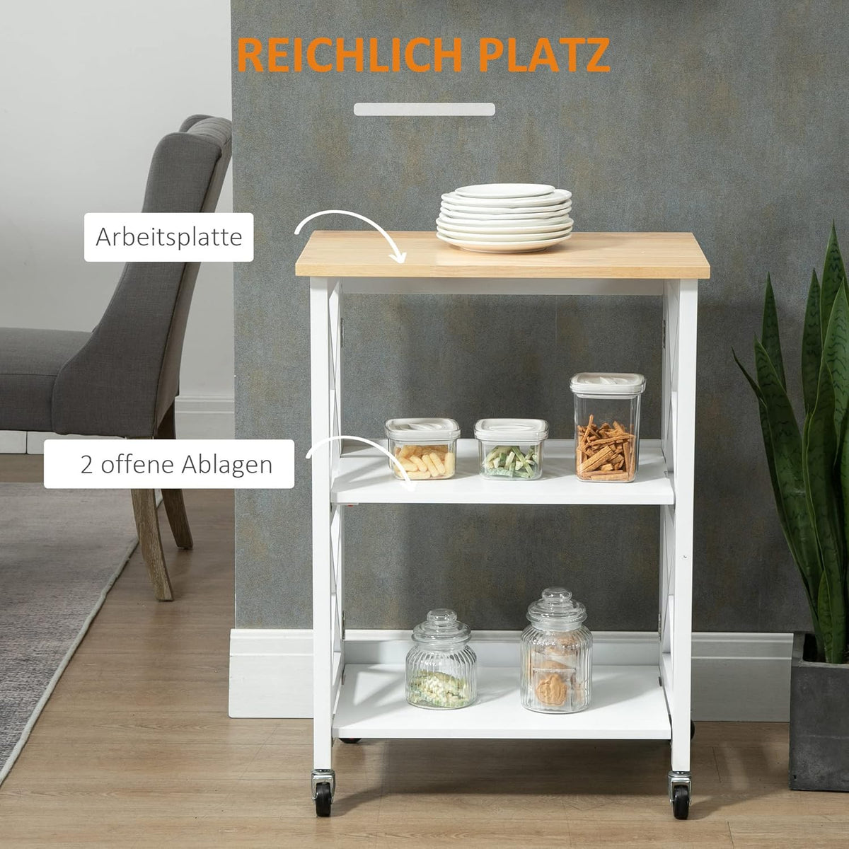 HOMCOM Kitchen trolley, serving trolley, serving trolley with shelf, 4 wheels, modern MDF, rubberwood, white, 60 x 40 x 84 cm - QUORE