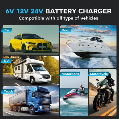 Autoaccu Oplader – Acculader – Batterijlader – Oplaadapparaat – Voertuigaccu Lader – 6V/12V/24V Compatibel – 9-Staps Automatisch Opladen met Ontzwaveling