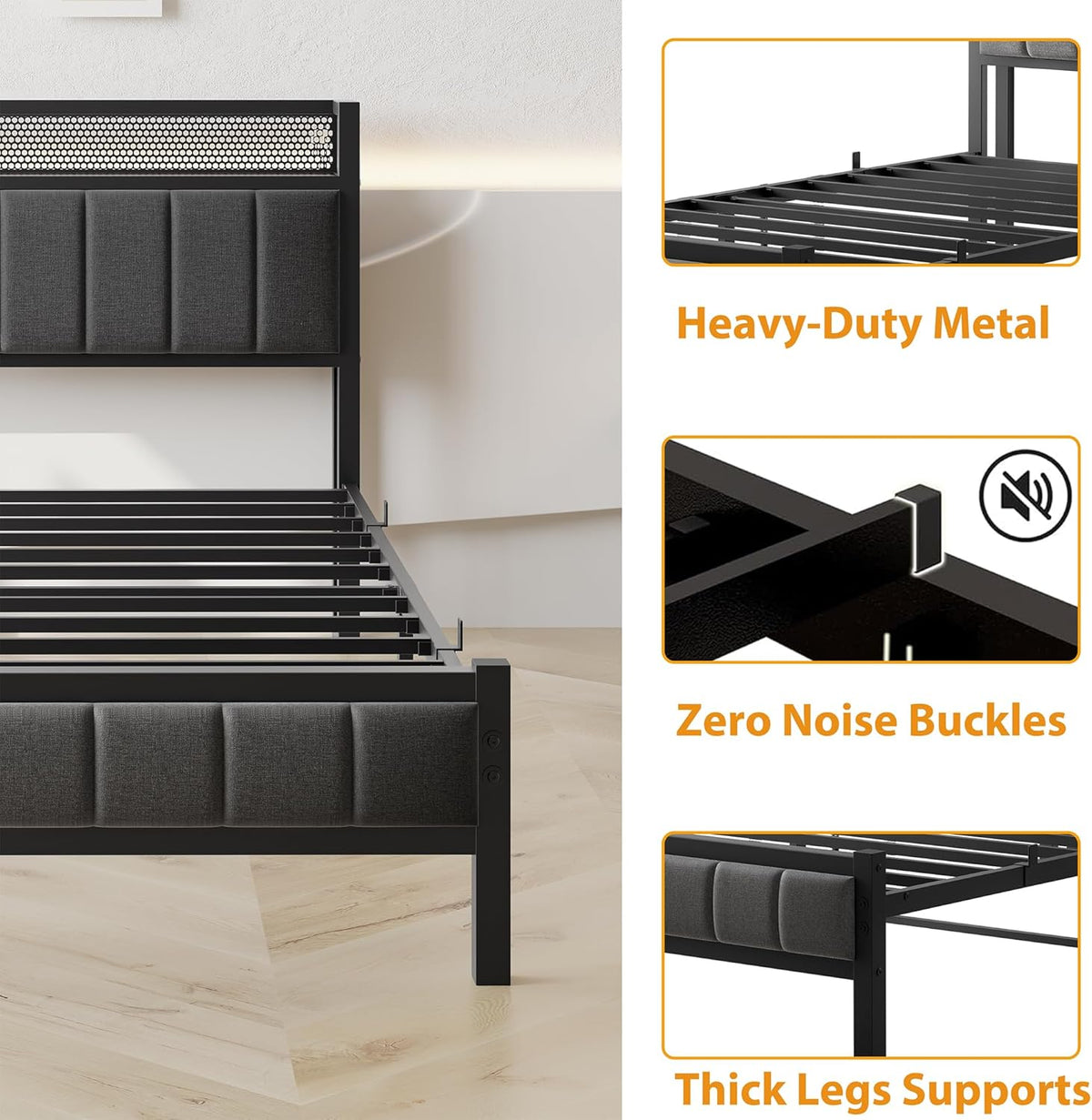3ft eenpersoonsbedframes met opberghoofdeinde, zwaar metalen bedframe eenpersoons, geen boxspring nodig, solide bedsteadbasis/sterke stalen latten ondersteuning/grijs
