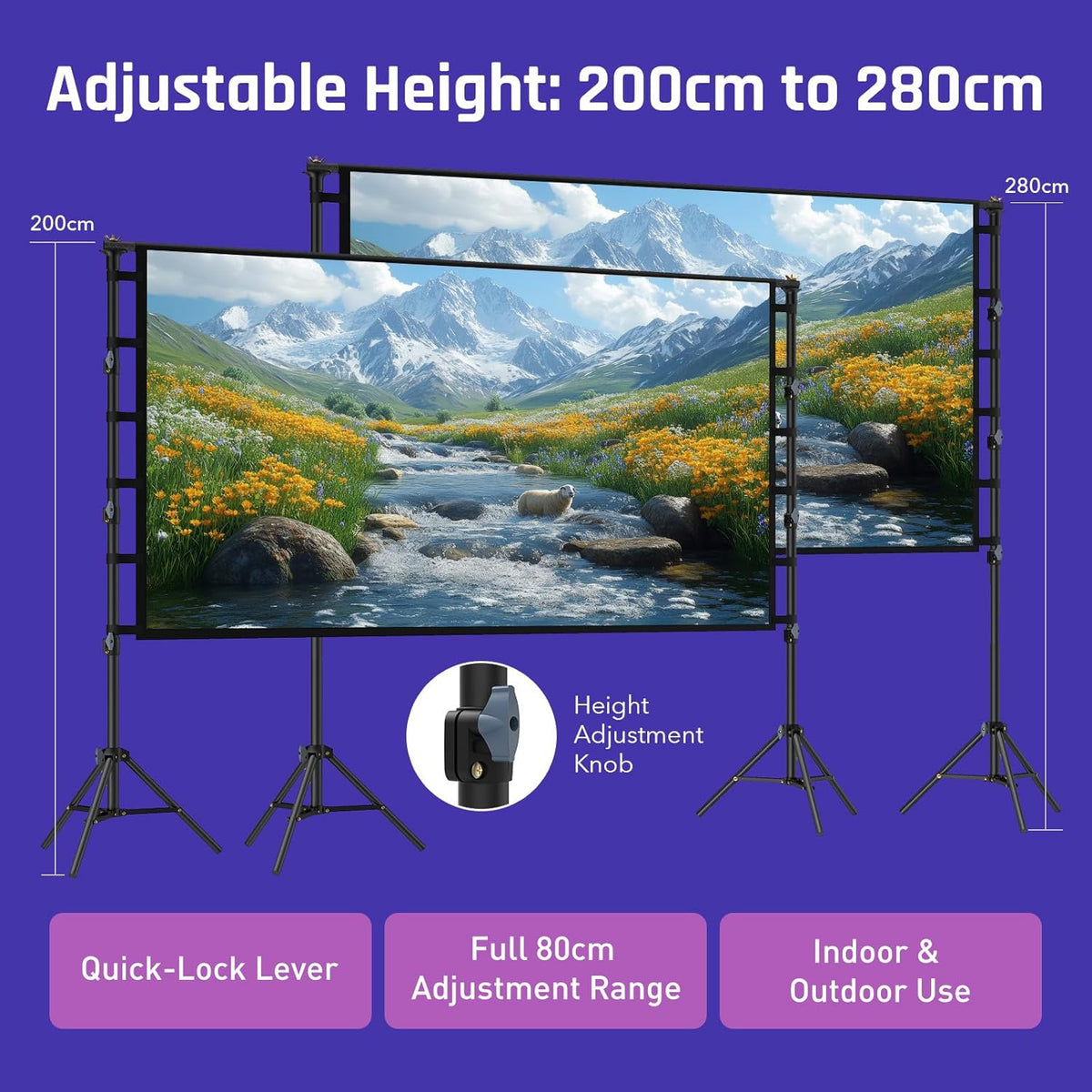 Draagbaar projectorscherm met standaard 120 Inch, LEORFI Movie Projector Scherm en standaard Pull Down 16:9 4K Full HD, Outdoor Indoor Projectiescherm, Ondersteuning In hoogte verstelbaar voor Office