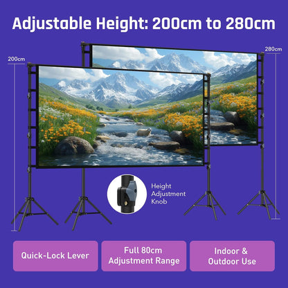 Draagbaar projectorscherm met standaard 120 Inch, LEORFI Movie Projector Scherm en standaard Pull Down 16:9 4K Full HD, Outdoor Indoor Projectiescherm, Ondersteuning In hoogte verstelbaar voor Office