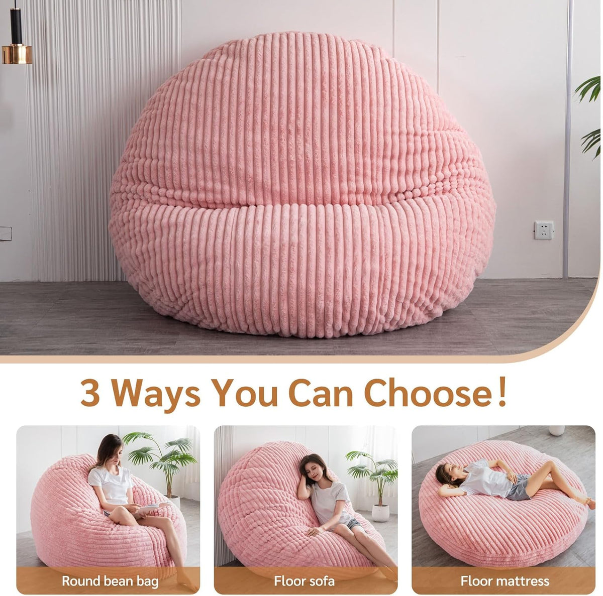 MAXYOYO Huge Bean Bag Bed, Square Bean Bag Chair, Large Faux Fur Sofa and Fluffy Filling for Adults Couples Guests (Corduroy Pink, 180x180cm)