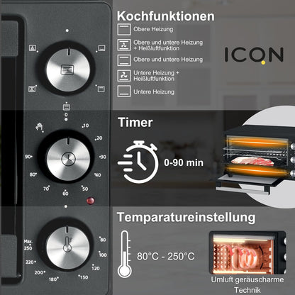 ICQN Minioven 20L, pizzaoven, boven-/onderwarmte met circulatiefunctie, 5 grill-functies, 90 minuten timer, 1500 W, mini-oven, 80 °-250 °C, bakplaat/grill/kruimelplaat en plaathouder, zwart