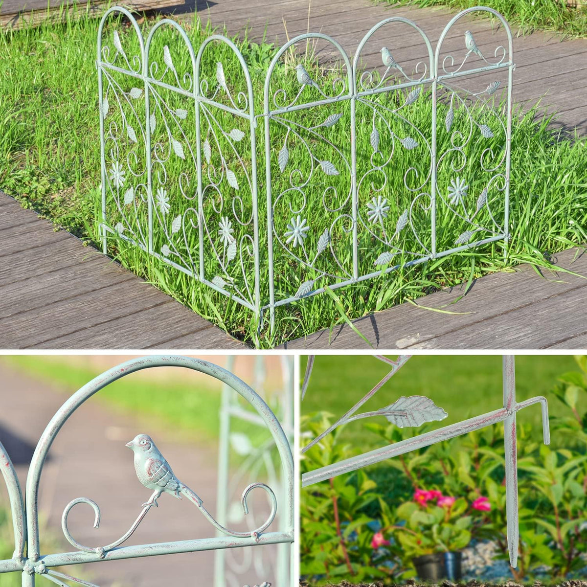 Sungmor Set van 4 tuinpiketomheining, rustieke stijl, decoratieve omheiningspanelen, 97 inch metalen grens vouwhek, tuintrellis voor klimplanten, dierenbarrière, landschapspad panelen