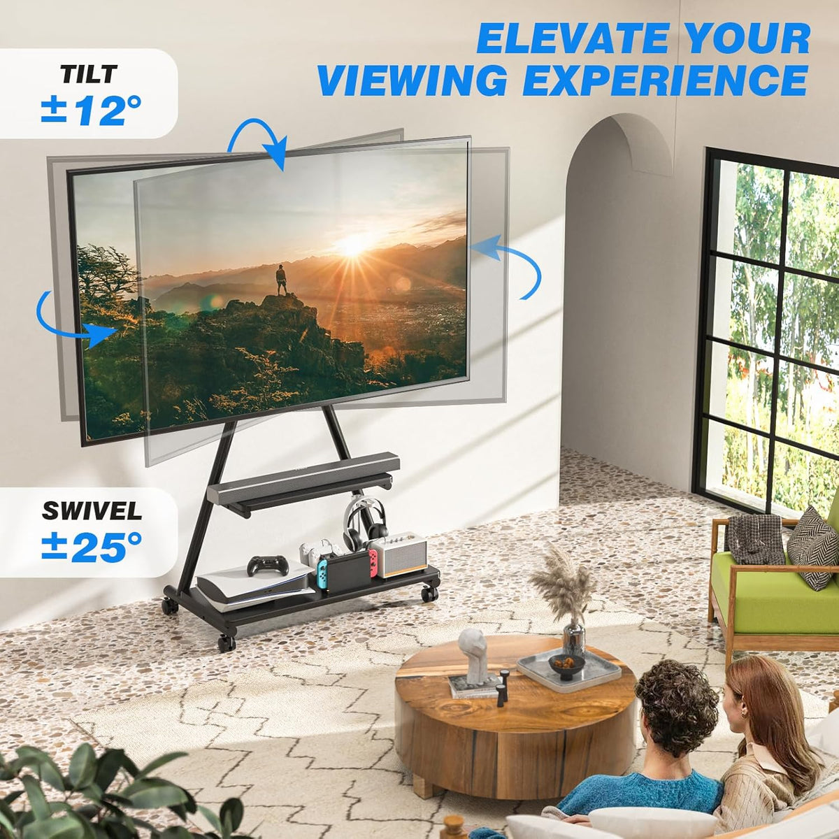 TVON Mobiele tv-standaard voor tv's van 43-80 inch tot 68 kg met planken (max. VESA 600 x 400 mm, in hoogte verstelbaar op wielen)
