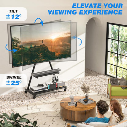 TVON Mobiele tv-standaard voor tv's van 43-80 inch tot 68 kg met planken (max. VESA 600 x 400 mm, in hoogte verstelbaar op wielen)