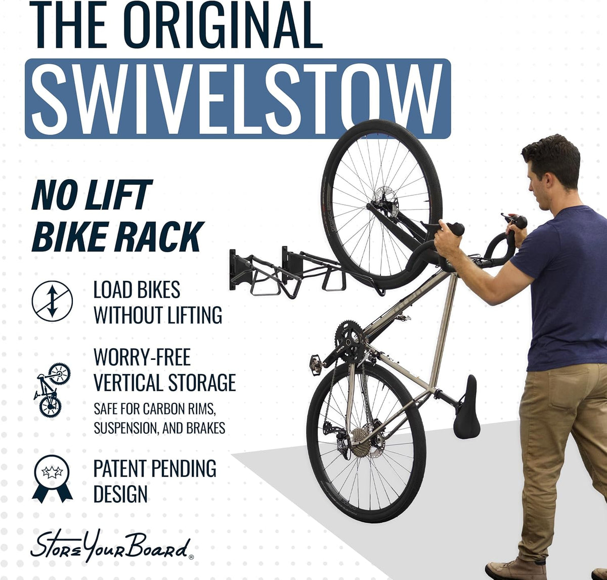 StoreYourBoard SwivelStow Road & Gravel fietsenstalling, 2-pack, geen lift draaibare fiets wandmontage, zware garage fietsenrek, patent aangevraagd